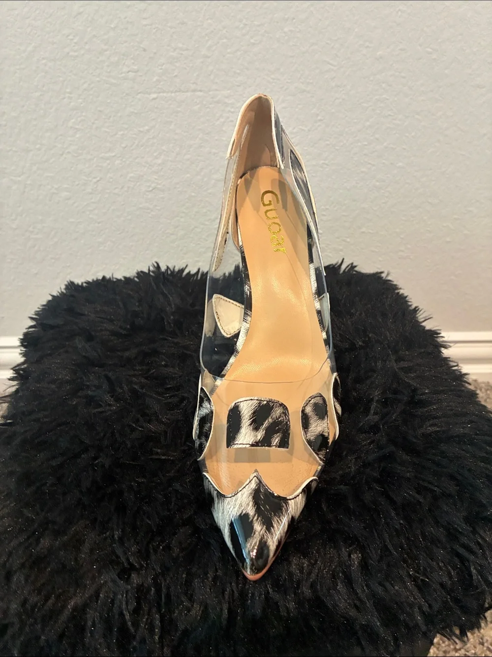 Leopard Print Pointed Toe Stiletto Pump in Black and Cream